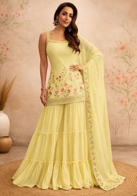 Yellow Embroidery Georgette Sharara Set