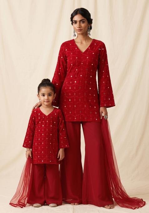 Charming Red Sequin Work Georgette Pakistani Suit Set Mother Daughter Sharara Set | Twirl Together