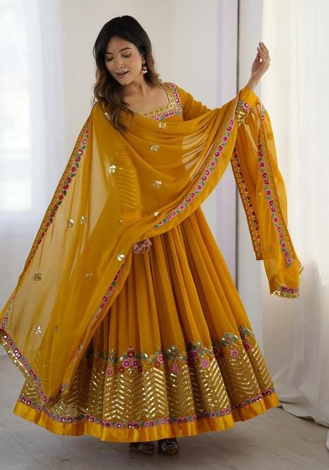Yellow Embroidered Blended Anarkali Set