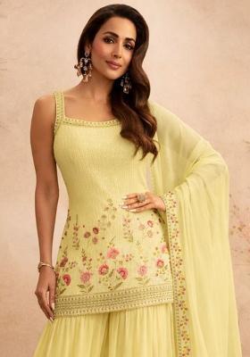 Yellow Embroidery Georgette Sharara Set