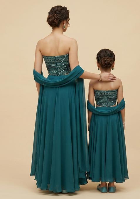 Royal Teal Blue Sequin Georgette Mother Daughter Lehenga Set | Twin In Royal Style
