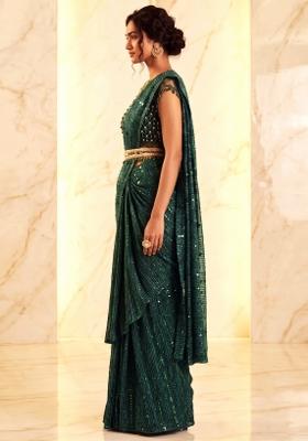 Bottle Green Embroidered Handwork Pre Draped Saree Set