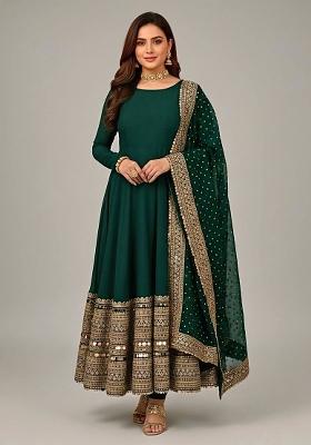 Green Embroidered Silk Blend Anarkali Set