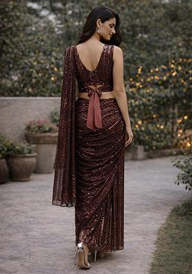 Brown Sequins Embroidery Net Pre Draped Saree Set for Diwali and Festive Wear