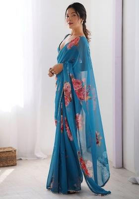 Blue Embroidery Silk Blend Saree Set for Diwali and Festive Wear