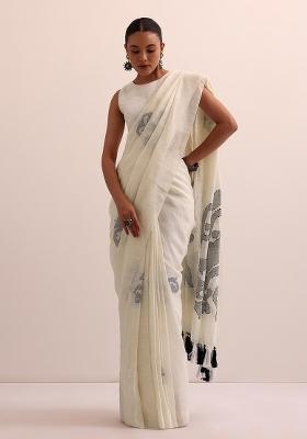 White Linen Saree Set with Printed for Diwali | Wedding & Festive Wear