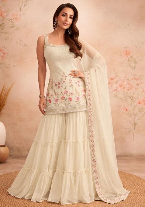 Beige Embroidery Georgette Sharara Set