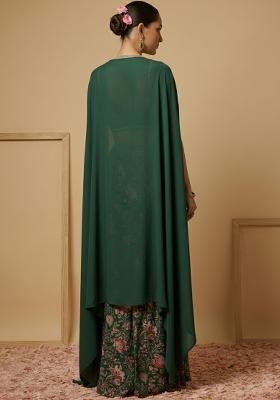 Deep Green Silk Fusion Set with Floral Print for Diwali | Wedding & Festive Wear