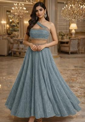 Dusty Blue Embellished Shimmer Lehenga Set with Sequin for Diwali | Wedding & Festive Wear
