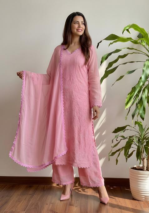 Pink Chikankari Embroidery Work Georgette Kurta Set