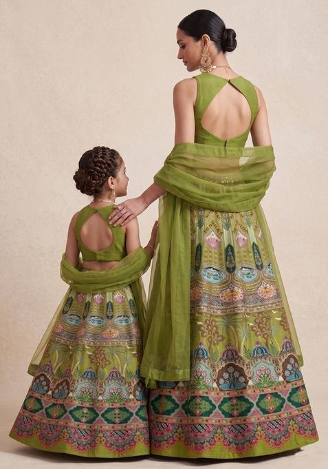Royal Green Embroidered Crepe Mother Daughter Lehenga Set | Twin In Royal Style
