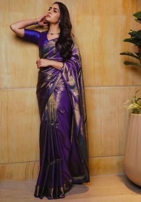 Purple Work Soft Lichi Silk Jacquard Saree Set for Diwali | Wedding & Festive Wear
