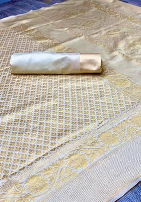 Cream Machine Lichi Silk Blend Saree Set with Embroidered for Diwali | Wedding & Festive Wear