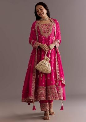 Pink Embroidered Chinon Anarkali Set