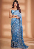 Blue Solid Georgette Saree Set for Diwali and Festive Wear