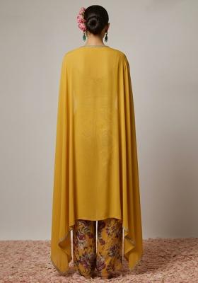Yellow Silk Fusion Set with Floral Print for Diwali | Wedding & Festive Wear