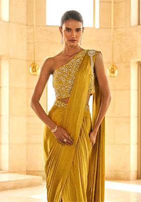 Mustard Yellow Handwork Pre Draped Saree Set