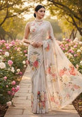 Off-White Printed Georgette Saree for Diwali and Festive Wear