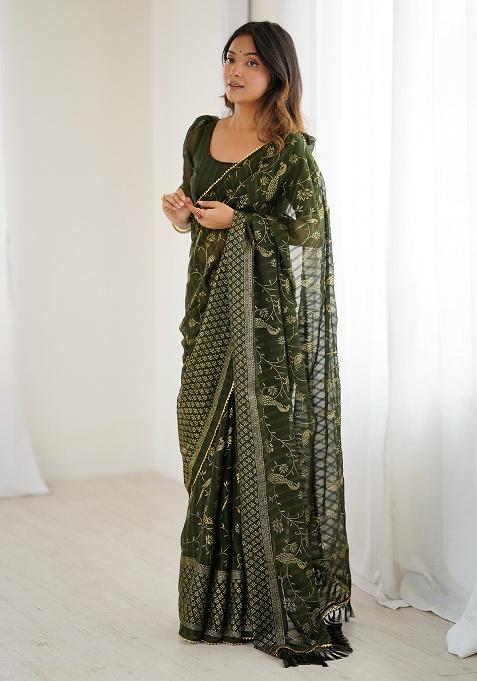 Mehendi Embroidery Silk Blend Saree Set for Diwali and Festive Wear