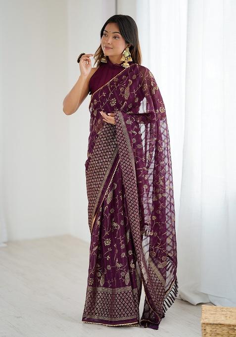 Wine Silk Blend Saree Set with Embroidery for Diwali | Wedding & Festive Wear