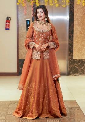 Brown Embroidered Silk Blended Lehenga Set