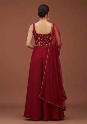 Red Silk Fusion Set with Embroidered & Corset Blouse for Diwali | Wedding & Festive Wear
