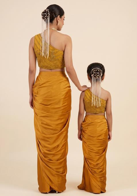 Timeless Bright Yellow Hand Work Embellished Satin Mother Daughter Pre-Draped Saree Set | Drape, Dazzle, Twin