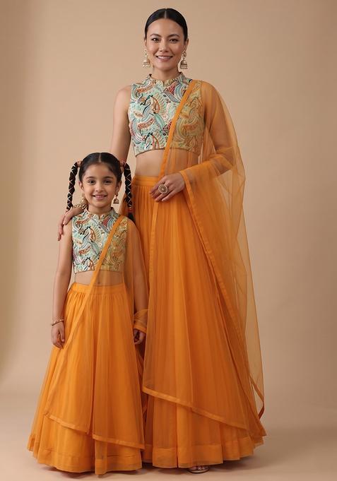 Dreamy Burnt Orange Crepe Mother Daughter Lehenga Set | Twin In Royal Style
