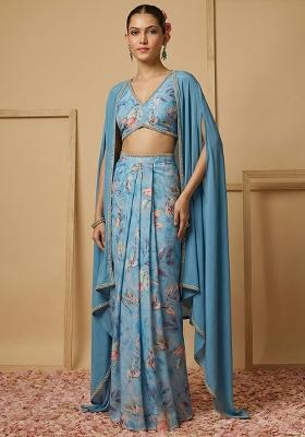 Blue Silk Fusion Set with Floral Print for Diwali | Wedding & Festive Wear