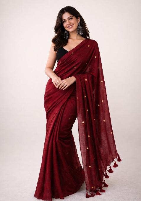 Brick Red Woven Khadi Saree Set for Diwali and Festive Wear
