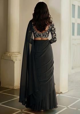 Jet Black Printed Poly Blended Pre Draped Saree Set