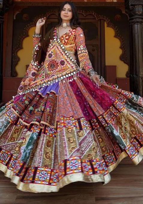 Multicolor Printed Silk Blend Chaniya Choli Set For Navratri And Garba for Diwali and Festive Wear