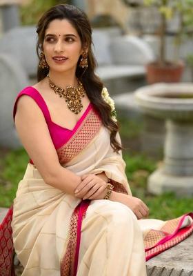 Off White Work Soft Lichi Silk Jacquard Saree Set for Diwali | Wedding & Festive Wear