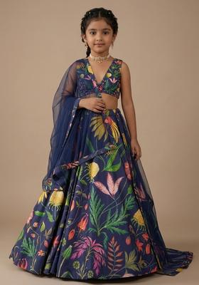 Royal Navy Blue Floral Print Satin Mother Daughter Lehenga Set | Twin In Royal Style
