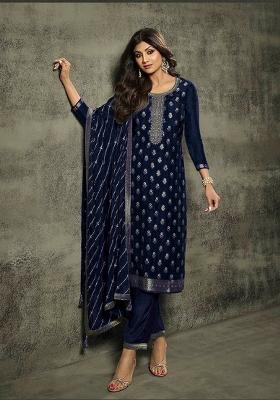 Blue Jacquard Jacquard Straight Kurta Set