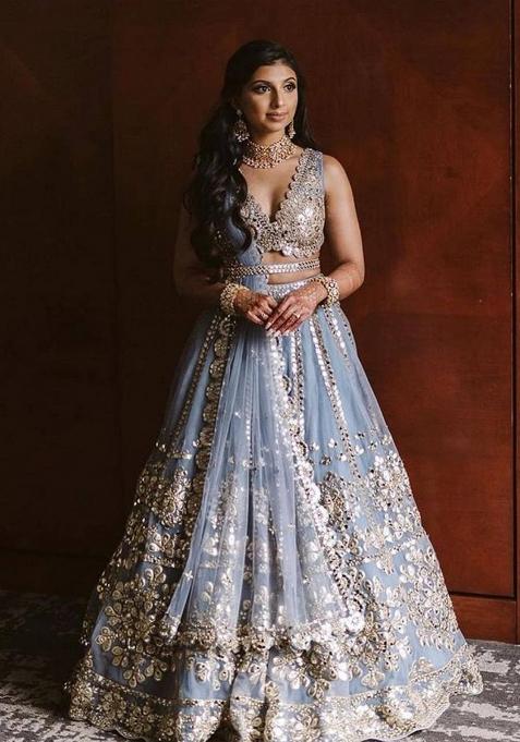 Sky Blue Net Lehenga Set with Zari Work for Diwali | Wedding & Festive Wear