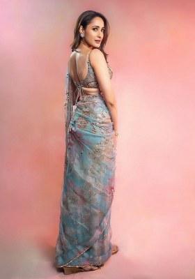 Sky Blue Sequins Silk Blend Saree for Diwali and Festive Wear