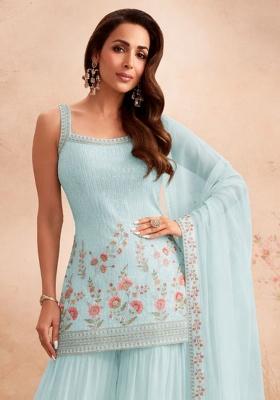 Sky Blue Embroidery Georgette Sharara Set