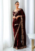 Maroon Embroidered Velvet Saree Set for Diwali and Festive Wear