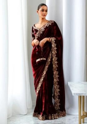 Maroon Embroidered Velvet Saree Set for Diwali and Festive Wear