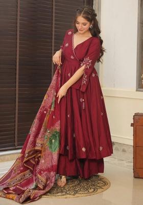 Maroon Embroidered Cotton Anarkali Set