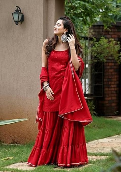 Red Sequin Work Blended Sharara Set