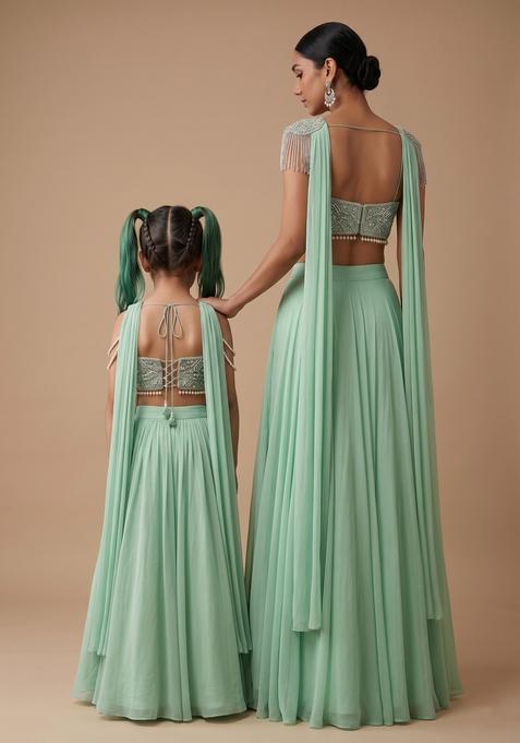 Pretty Mint Green Chinon Handwork Mother Daughter Fusion Set | Twin In Charm