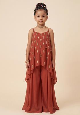 Pretty Brown Chinon Handwork Mother Daughter Fusion Set | Twin In Charm