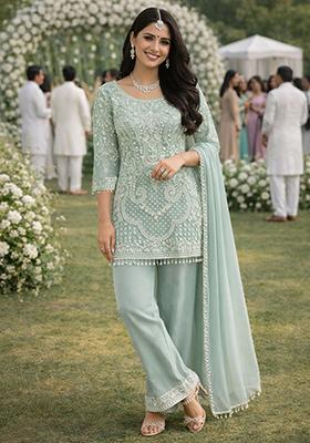 Turquoise Embellished Georgette Pakistani Suit Set