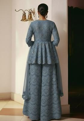 Dusty Blue Embroidered Net Sharara Set